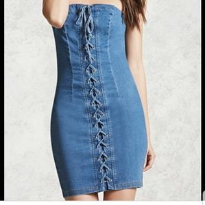 Denim lace up tube dress